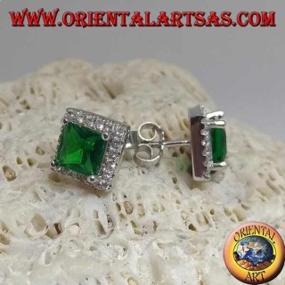 Silver earrings with square synthetic emerald surrounded by zircons