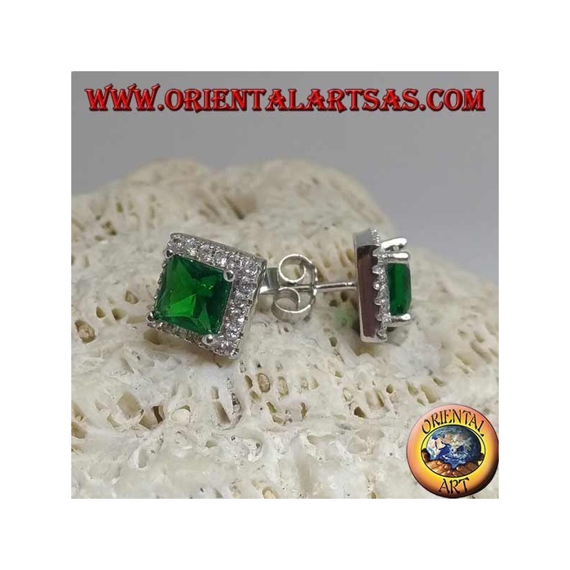 Silver earrings with square synthetic emerald surrounded by zircons