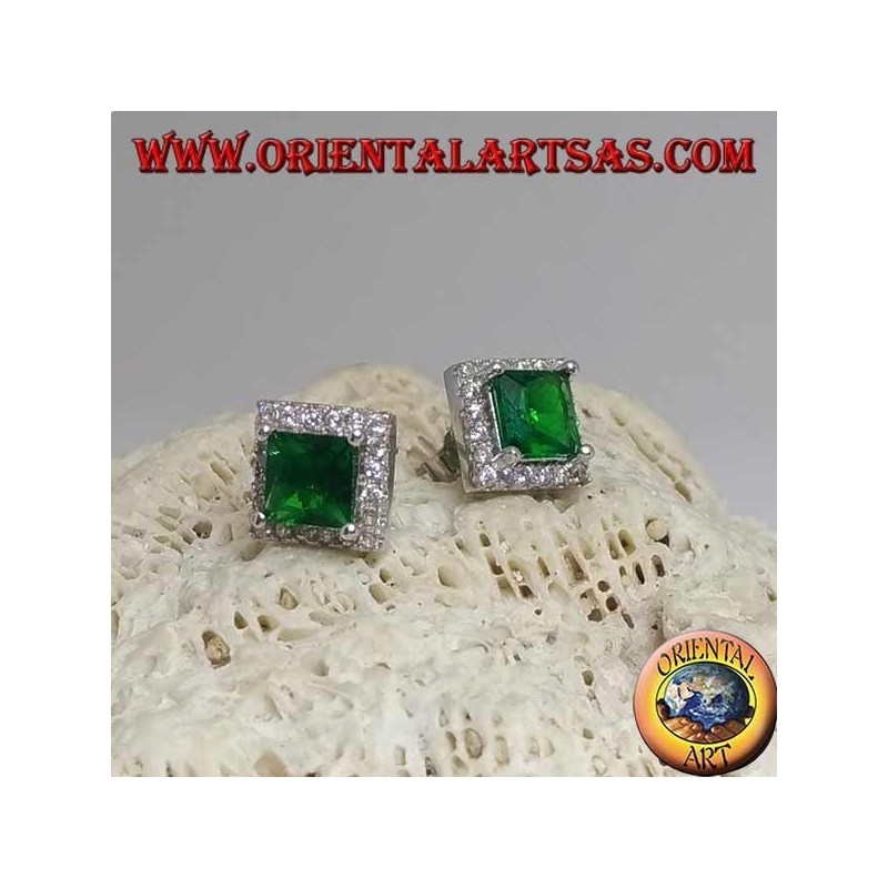 Silver earrings with square synthetic emerald surrounded by zircons