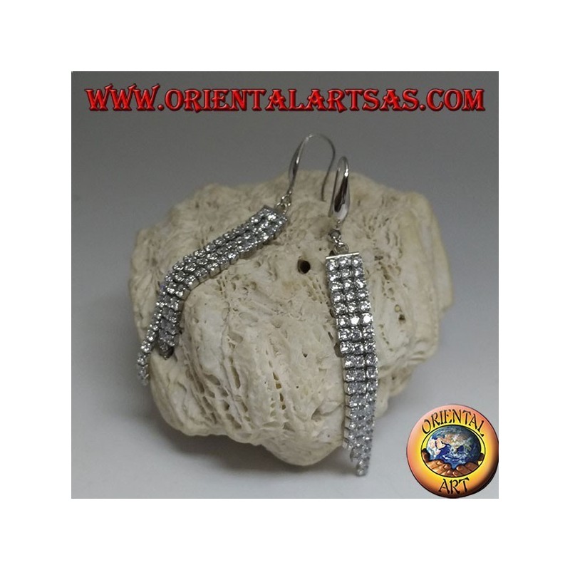 Pendant silver earrings with triple mini tennis scaled with white cubic zirconia