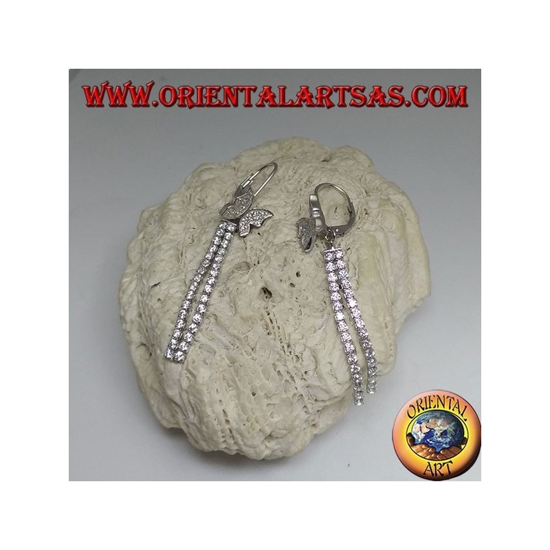 Silver earrings with butterfly and double white zircon mini tennis