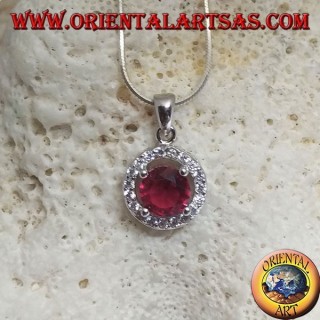 Silver pendant with round synthetic ruby set surrounded by round zircons