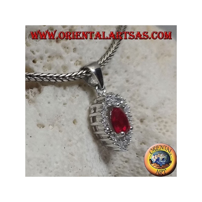 Colgante de plata con rubí sintético en forma de lágrima engastado en un circonita de lágrima invertida