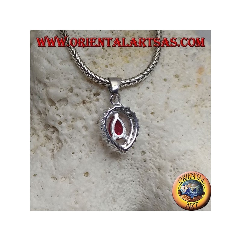 Colgante de plata con rubí sintético en forma de lágrima engastado en un circonita de lágrima invertida