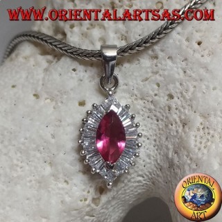 Silver pendant with synthetic shuttle ruby set surrounded by baguette and round cubic zirconia