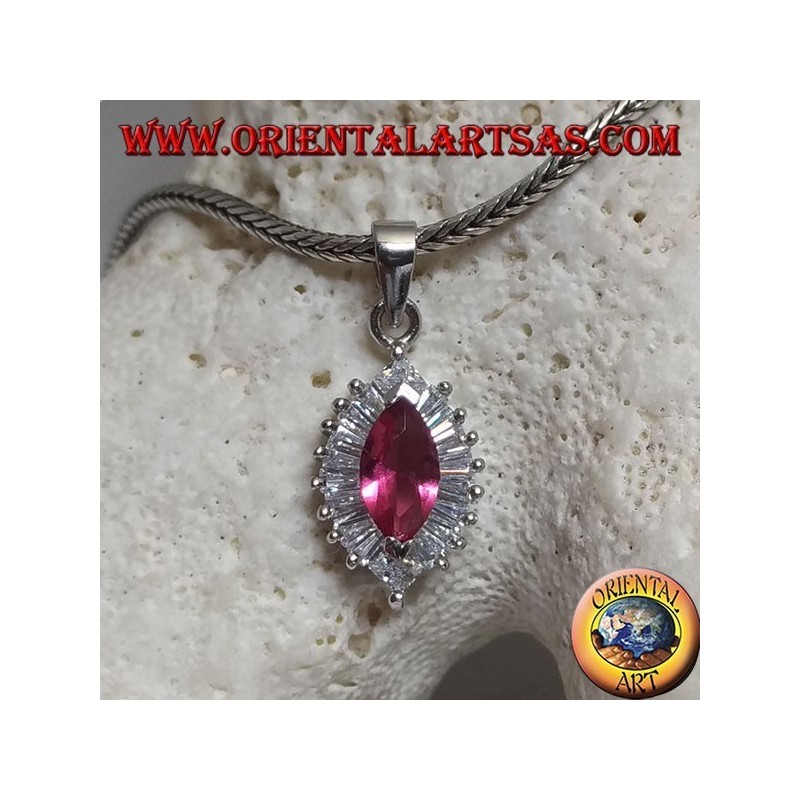 Silver pendant with synthetic shuttle ruby set surrounded by baguette and round cubic zirconia