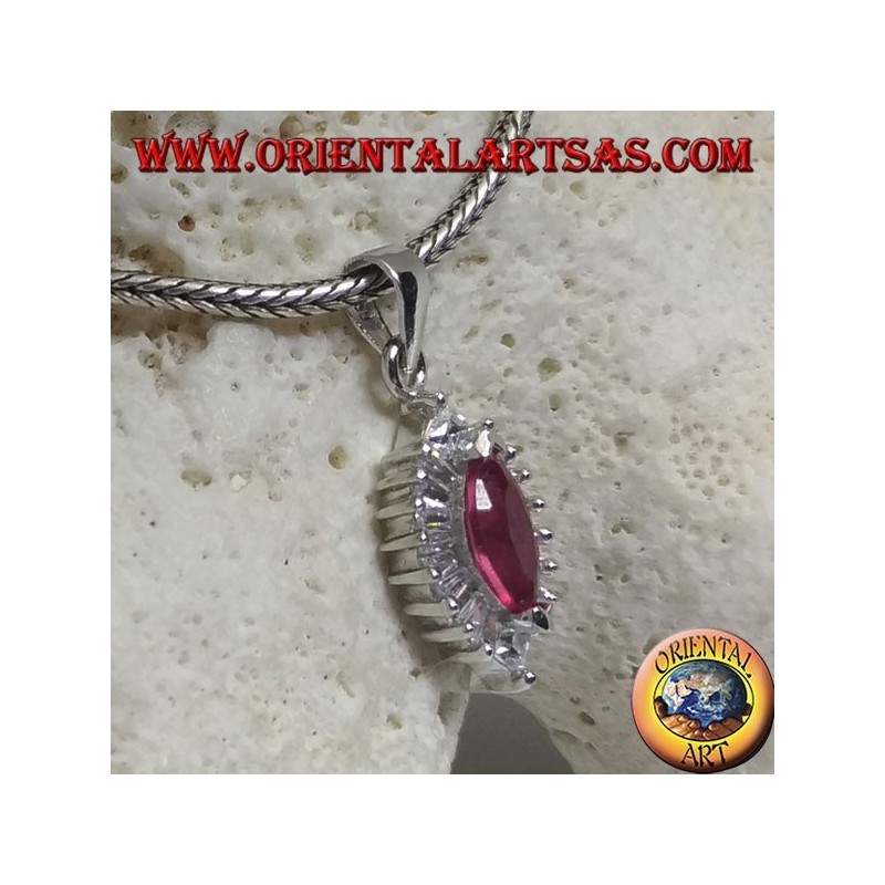 Pendentif en argent avec rubis navette synthétique serti de baguette et de zircone cubique ronde