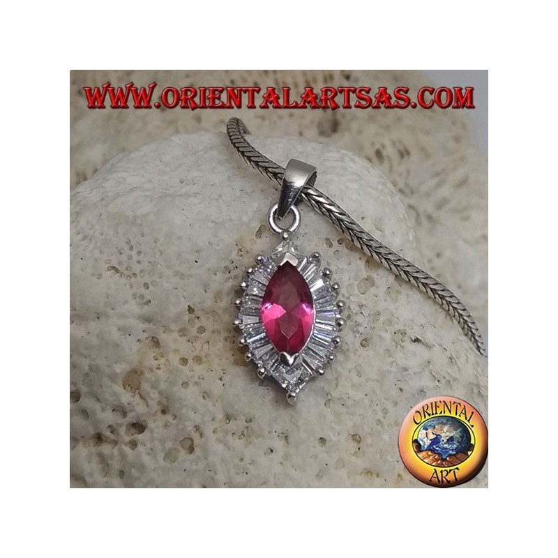 Silver pendant with synthetic teardrop ruby set on an inverted teardrop zircon setting