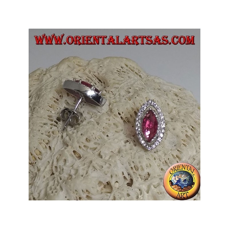 Silver earrings with synthetic shuttle ruby set surrounded by white zircons