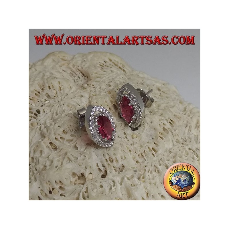 Boucles d'oreilles en argent avec rubis navette synthétiques serties de zircons blancs