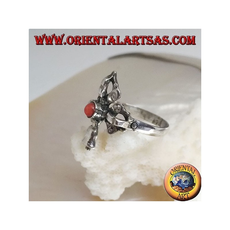 Silver ring with intersected Gantha and Dorje and ancient Tibetan round coral