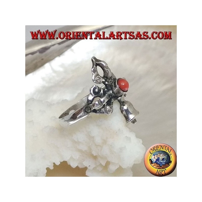 Anillo de plata con Gantha y Dorje intersectados y antiguo coral redondo tibetano