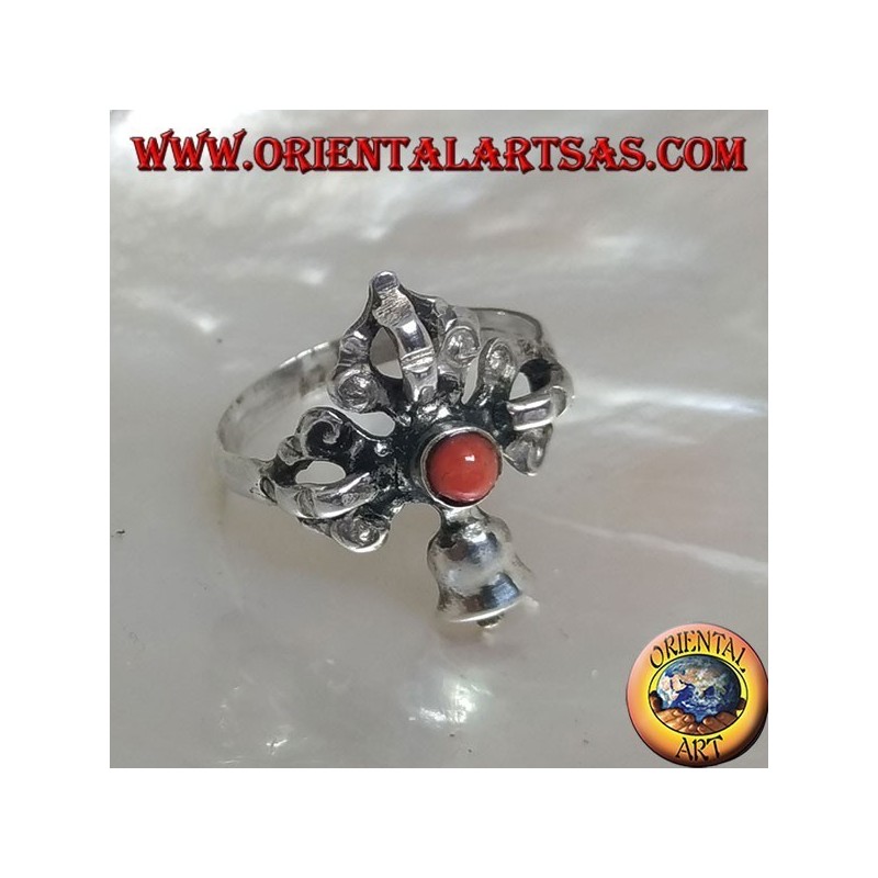 Silver ring with intersected Gantha and Dorje and ancient Tibetan round coral