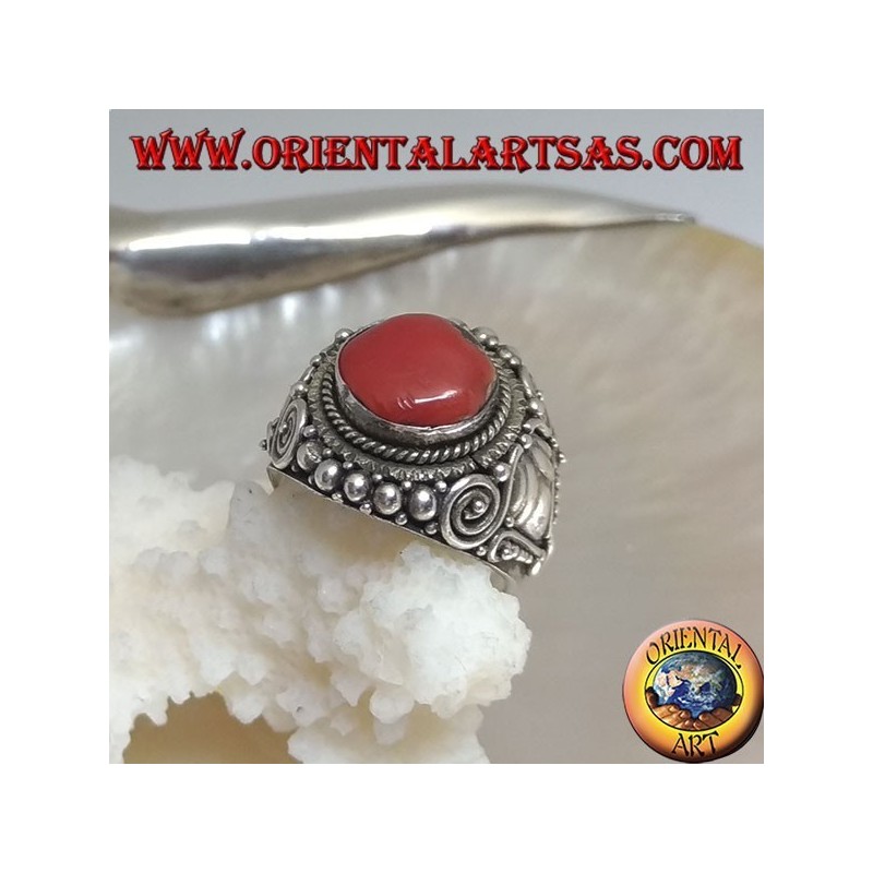Silver ring with ancient Tibetan fossil coral and handmade ethnic decorations