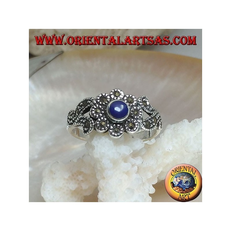 Silver ring with natural round lapis lazuli and floral decorations studded with marcasite