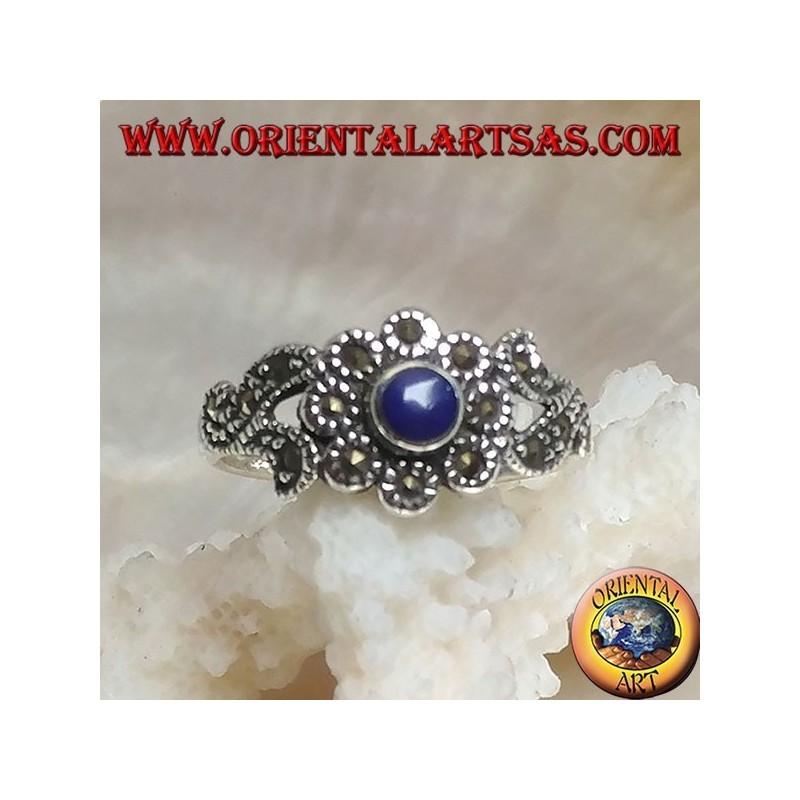 Silver ring with natural round lapis lazuli and floral decorations studded with marcasite
