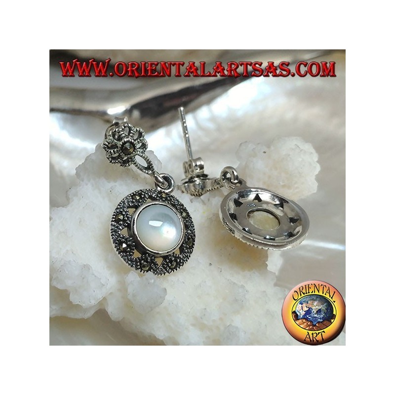 Silver earrings with lobe flower and pendant disk studded with marcasite and round mother of pearl