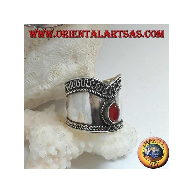 Wide band silver ring with oval carnelian and V-shaped serpentine contour, Bali