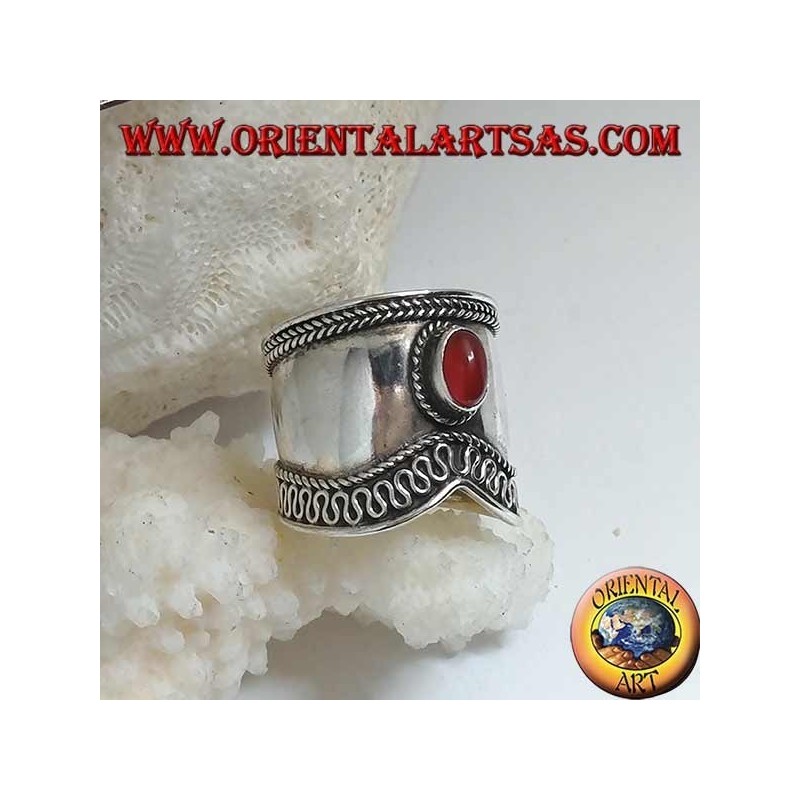 Wide band silver ring with oval carnelian and V-shaped serpentine contour, Bali