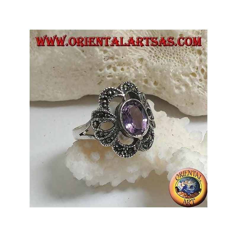Silver ring with oval natural amethyst on a pierced bow setting studded with marcasite