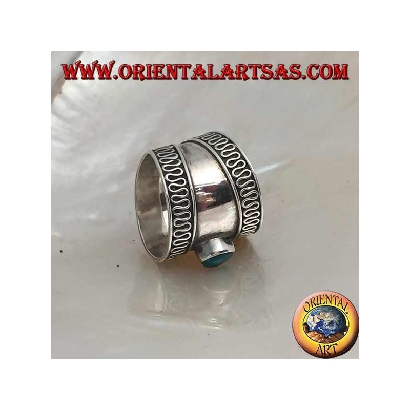 Bague en argent à large bande avec agate verte ovale et serpentine contour, Bali