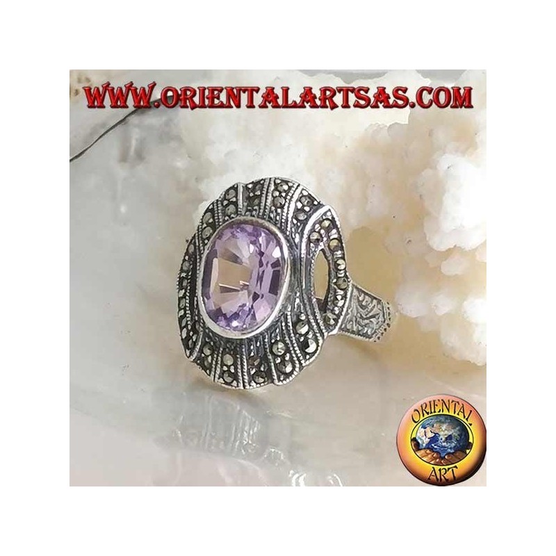 Silver ring with oval natural amethyst on a striped setting studded with marcasite