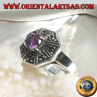 Bague octogonale en argent avec améthyste ronde et zircon de couleur marcassite