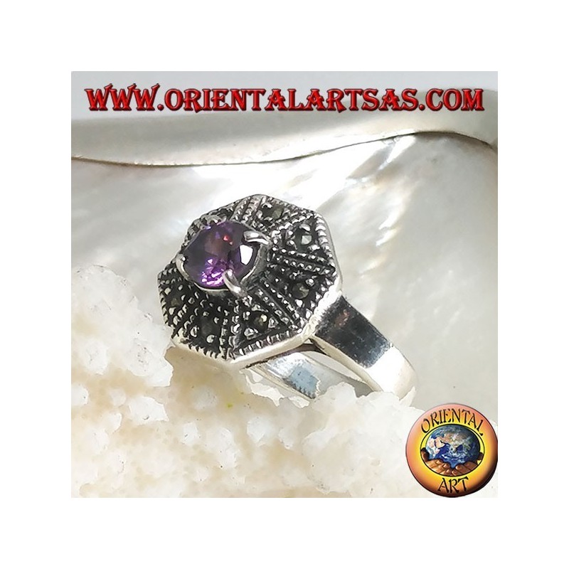 Octagonal silver ring with round amethyst and marcasite colored zircon