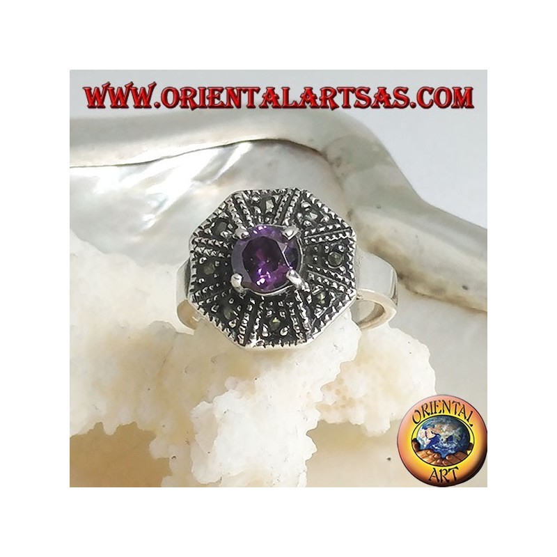 Achteckiger Silberring mit rundem Amethyst und marcasitfarbenem Zirkon