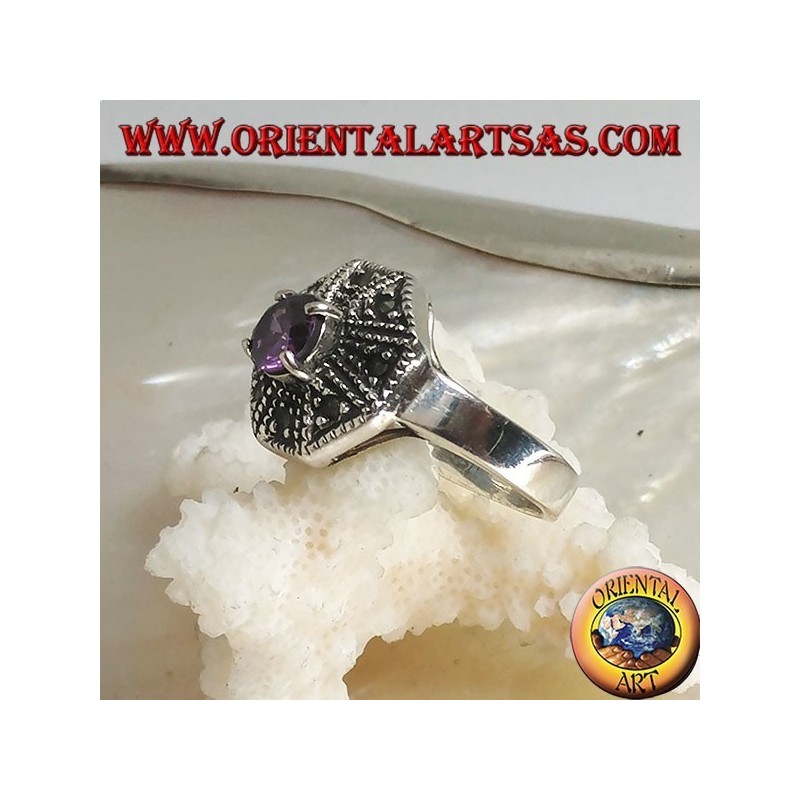 Bague octogonale en argent avec améthyste ronde et zircon de couleur marcassite