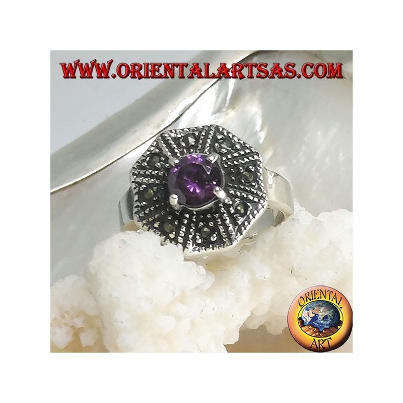 Bague octogonale en argent avec améthyste ronde et zircon de couleur marcassite
