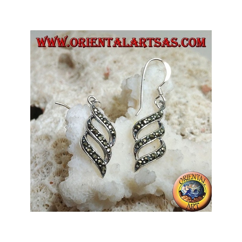 Dangling silver earrings with triple parallel oblique lines studded with marcasite