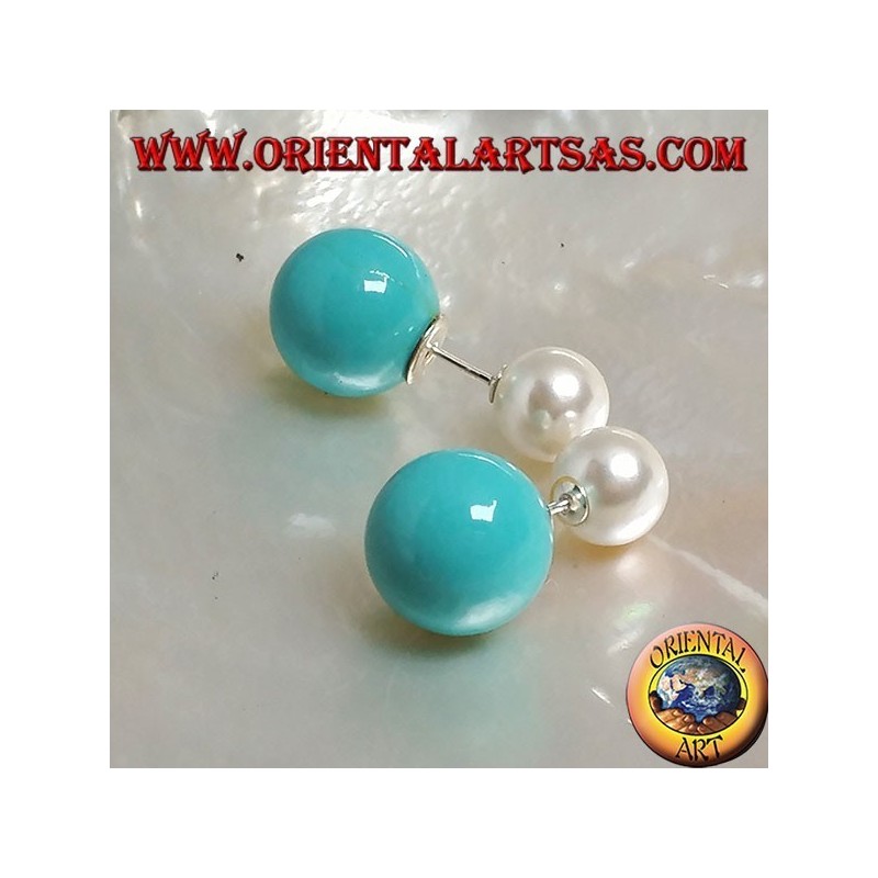Turquoise double pearl lobe silver earrings (Dior style)