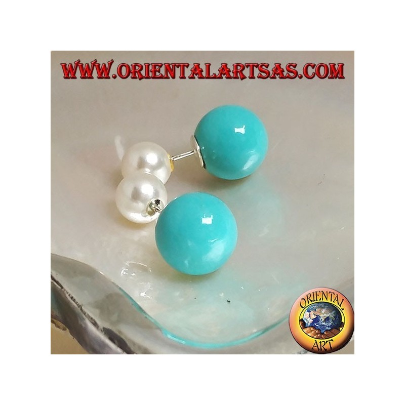 Boucles d'oreilles argent lobe turquoise double perle (style Dior)