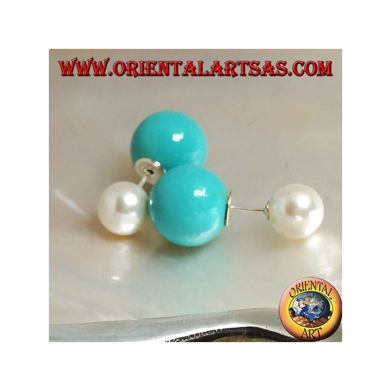 Pendientes de plata con doble lóbulo perla turquesa (estilo Dior)