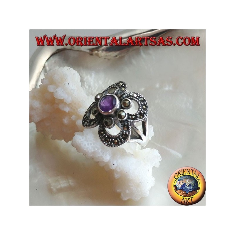 Silver ring with round natural amethyst surrounded by marcasites on a circle setting