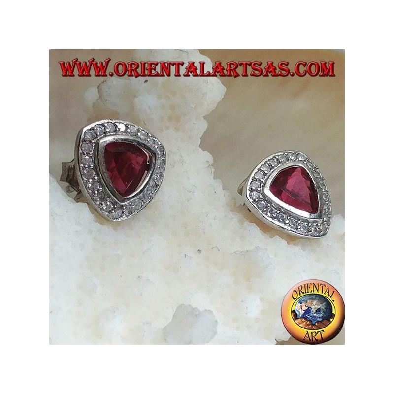 Silver lobe earrings with rounded triangular garnet surrounded by zircons