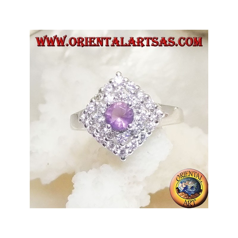 Bague en Argent Argento 925 avec améthyste ronde naturelle sur un carré de losange parsemé de zircons