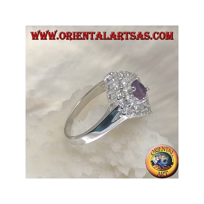 Anillo de plata Argento 925 con amatista redonda natural en un rombo cuadrado tachonado de circonitas