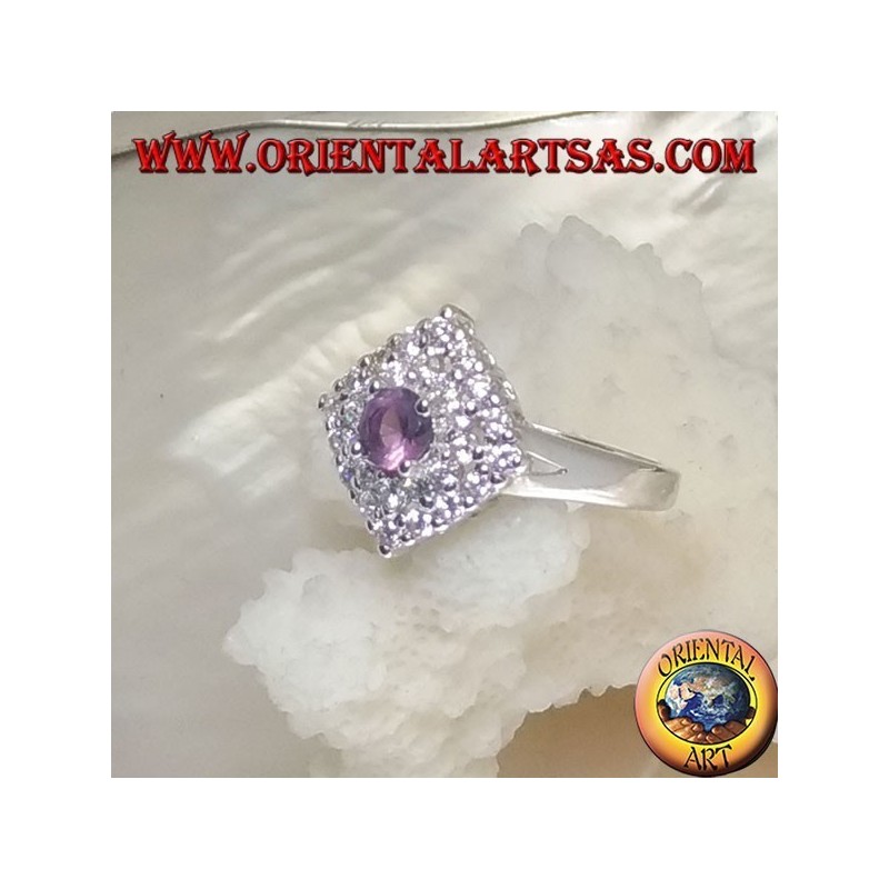 Anillo de plata Argento 925 con amatista redonda natural en un rombo cuadrado tachonado de circonitas