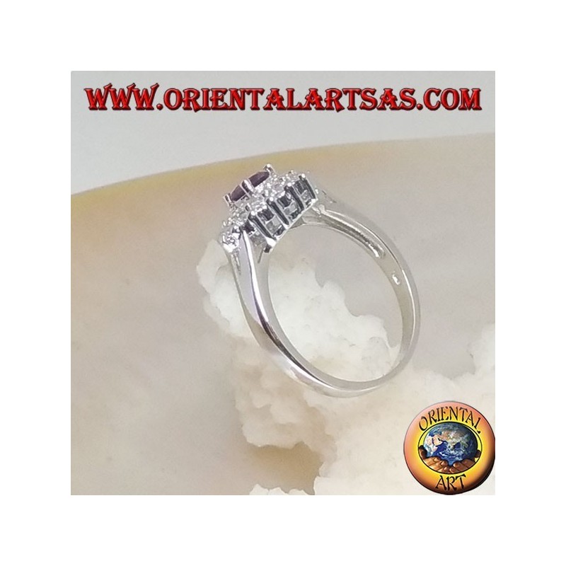 925 Argento Silberring mit natürlichem rundem Amethyst auf einem mit Zirkonen besetzten Rautenquadrat