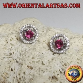 Boucles d'oreilles en argent avec rubis synthétique intégré et disque en zircon amovible (double usage)