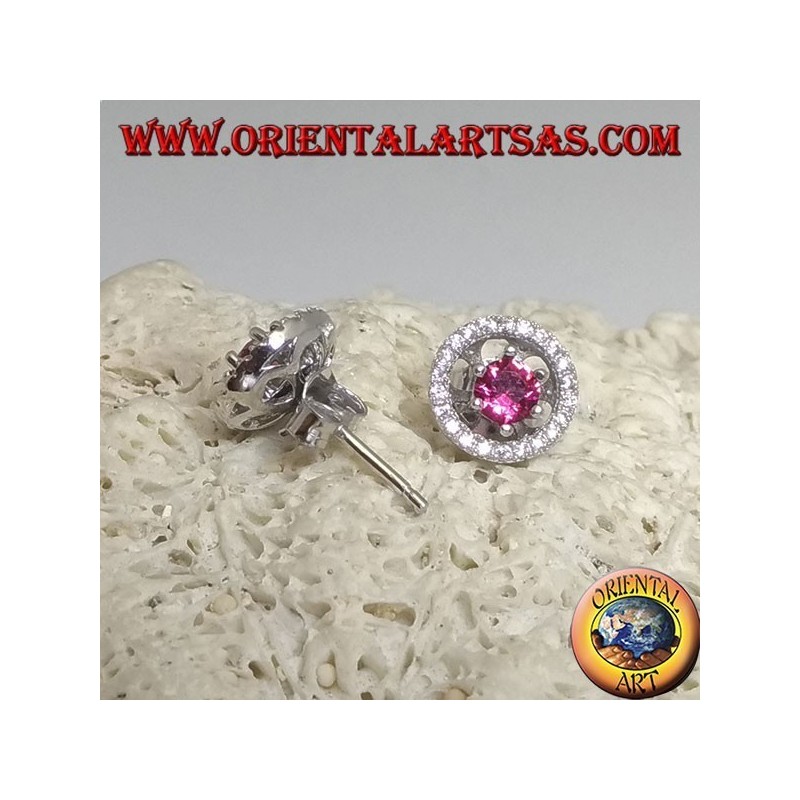 Pendientes de plata con rubí sintético incrustado y disco de circón extraíble (doble uso)