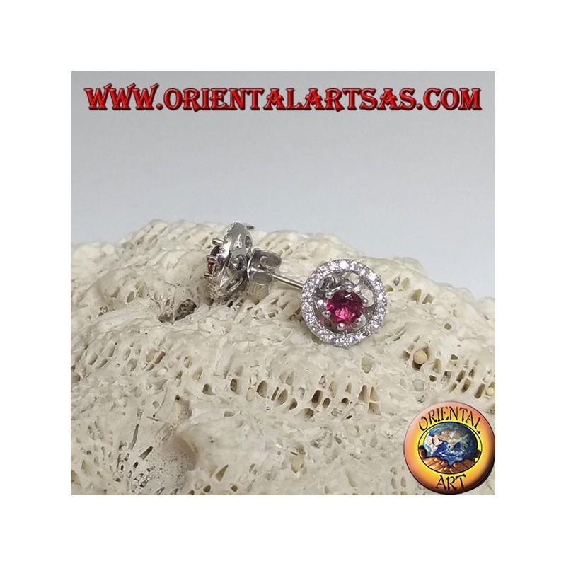 Silver earrings with embedded synthetic ruby and removable zircon disc (double use)