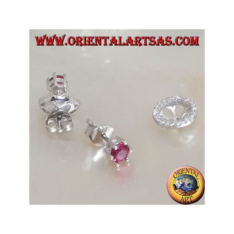 Silver earrings with embedded synthetic ruby and removable zircon disc (double use)