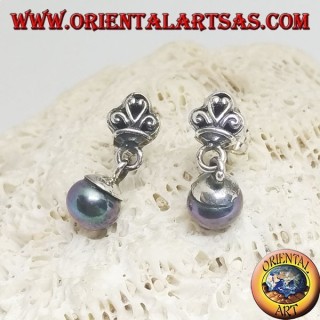 Boucles d'oreilles lobe en argent avec couronne et pendentif gris perle d'eau douce