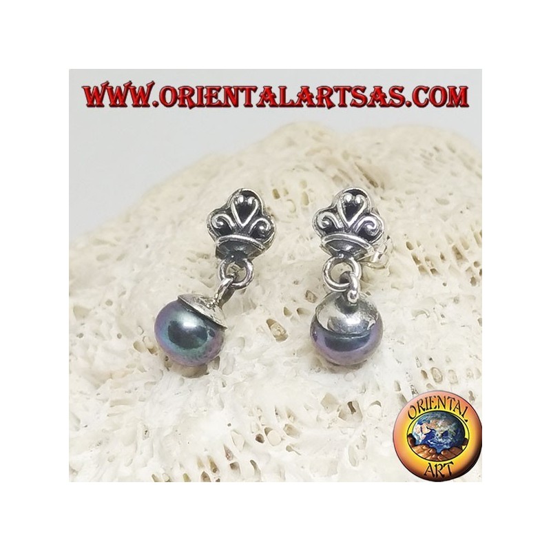 Boucles d'oreilles lobe en argent avec couronne et pendentif gris perle d'eau douce
