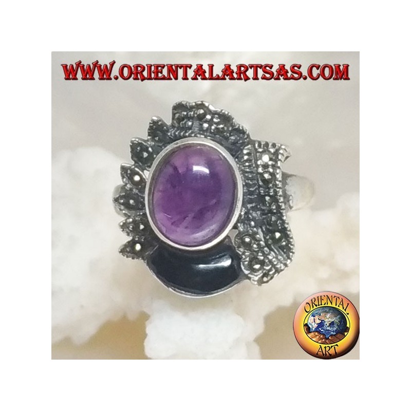 Bague en argent à décoration ethnique avec cabochon ovale naturel, onyx et améthyste marcassite