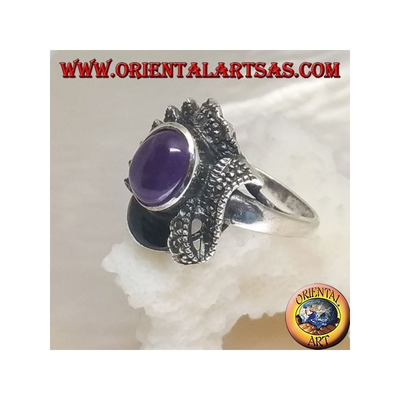 Anello in argento a decorazione etnica con ametista naturale ovale cabochon, onice e marcassite
