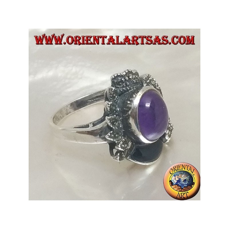 Ethnic decoration silver ring with natural oval cabochon, onyx and marcasite amethyst